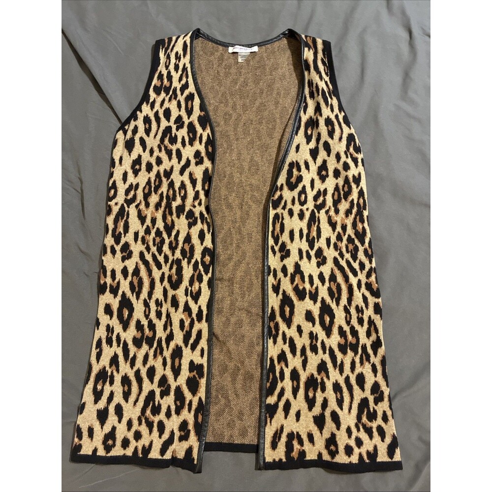 Allison Daley Sz PM Faux Leather Trimmed Leopard Print Long Cardigan Vest Boho
